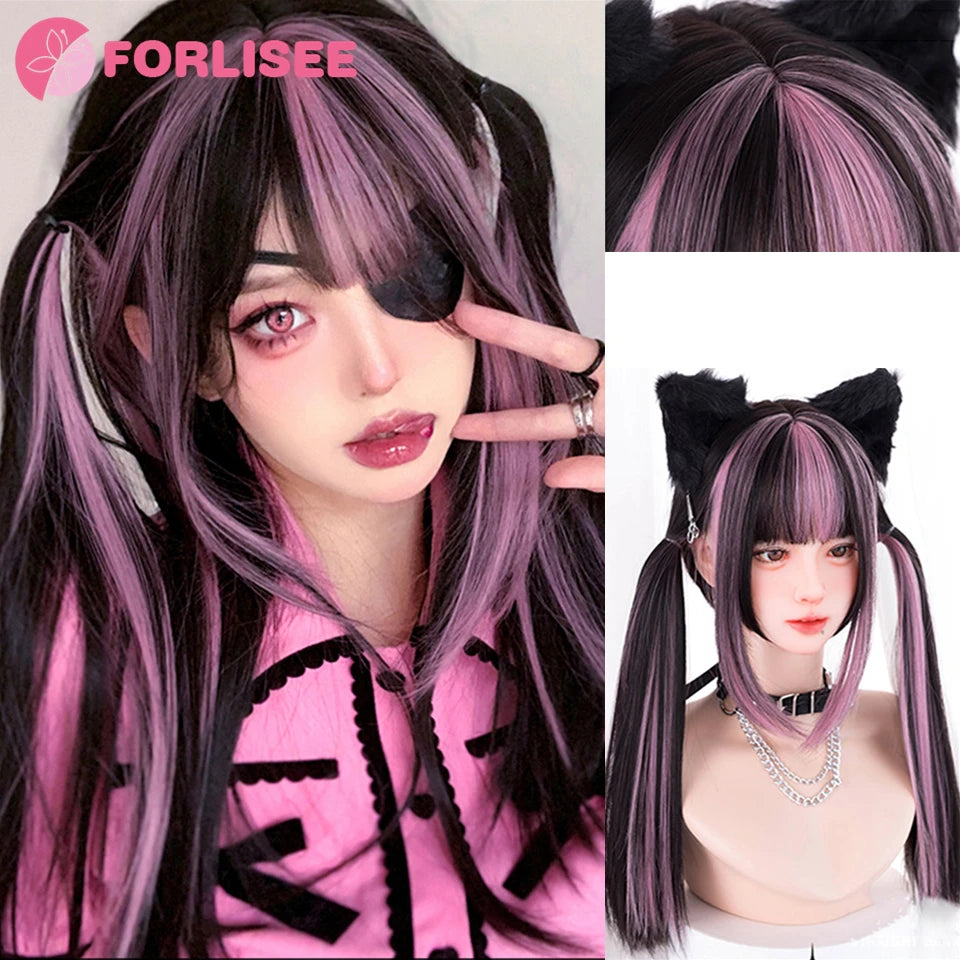 Kawaii Magic! πΈβ¨ FORLISEE Black & Pink Long Straight Wig with Bangs - Perfect for Cosplay & Sweet Lolita Looks! ππ