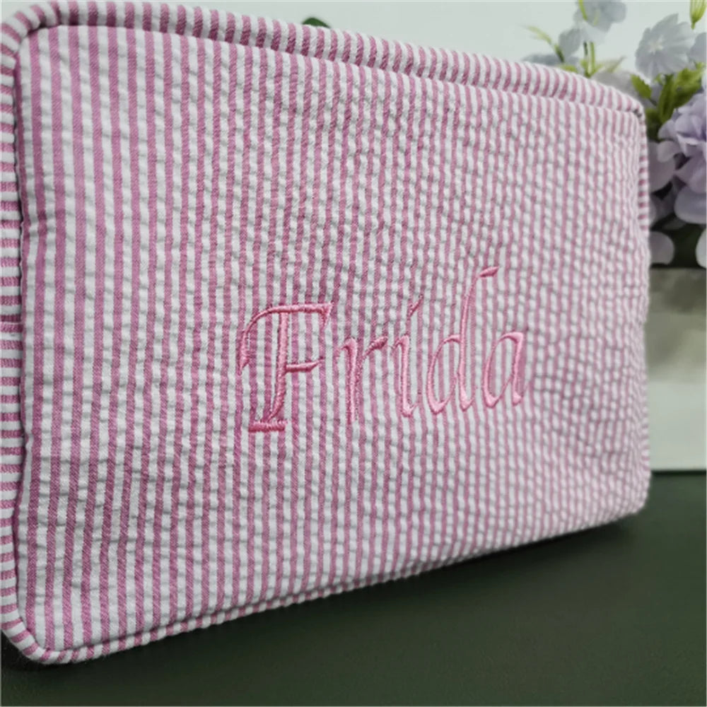 Kawaii Personalized Seersucker Makeup Bag πβ¨ | Custom Embroidered Name | Cute Bridesmaid Gift ππ