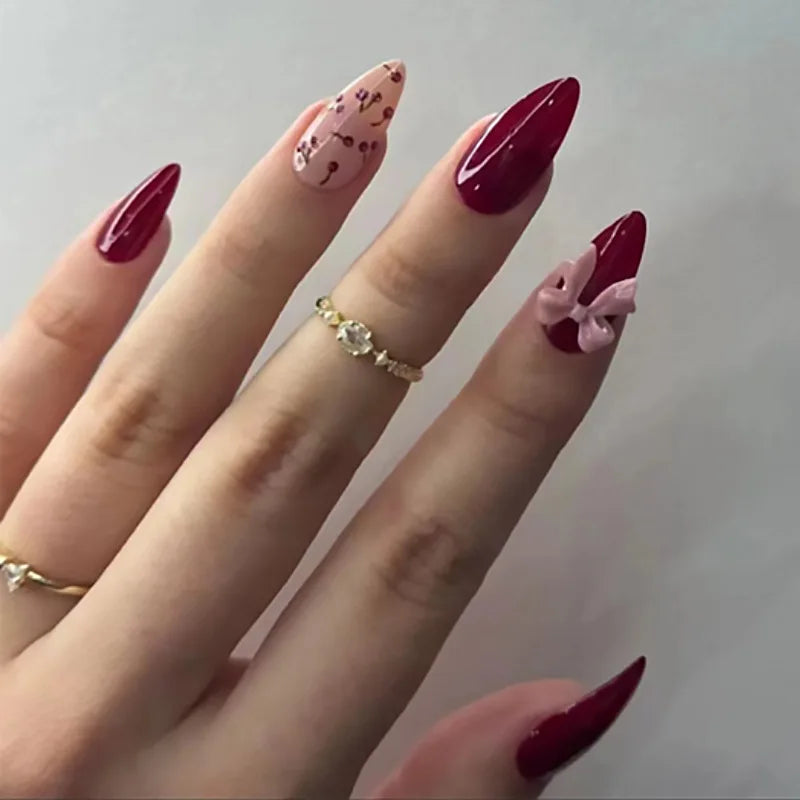 Kawaii 24Pcs Blush Pink Almond Press-On Nails πΈβ¨ with 3D Bow Knot Decor - Sweet Glossy Full Cover Tips for Creative Nail Art! ππ