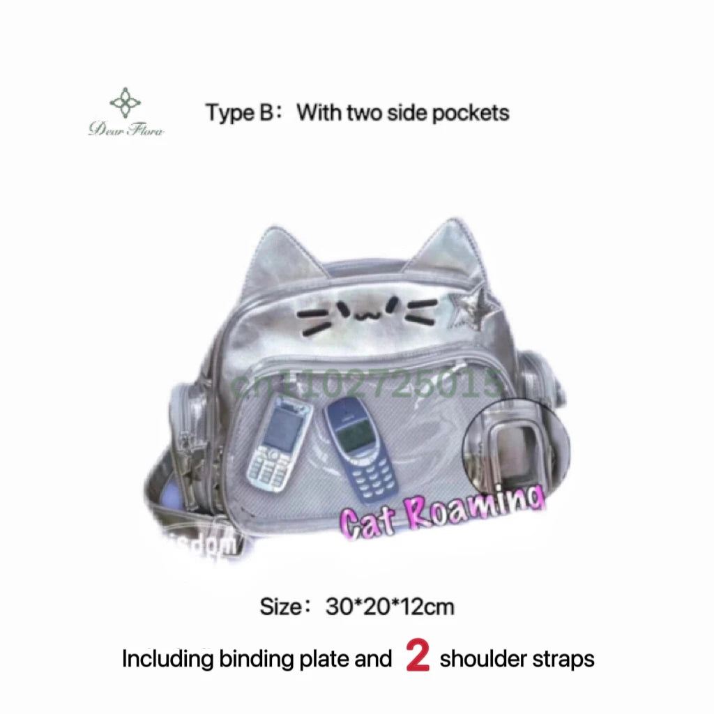 Y2K Korean Japan Kawaii Cat Ita Bag PU Cute Girls Transparent Pocket Aesthetic Shoulder Crossbody Bags Women's Fashion Backpacks