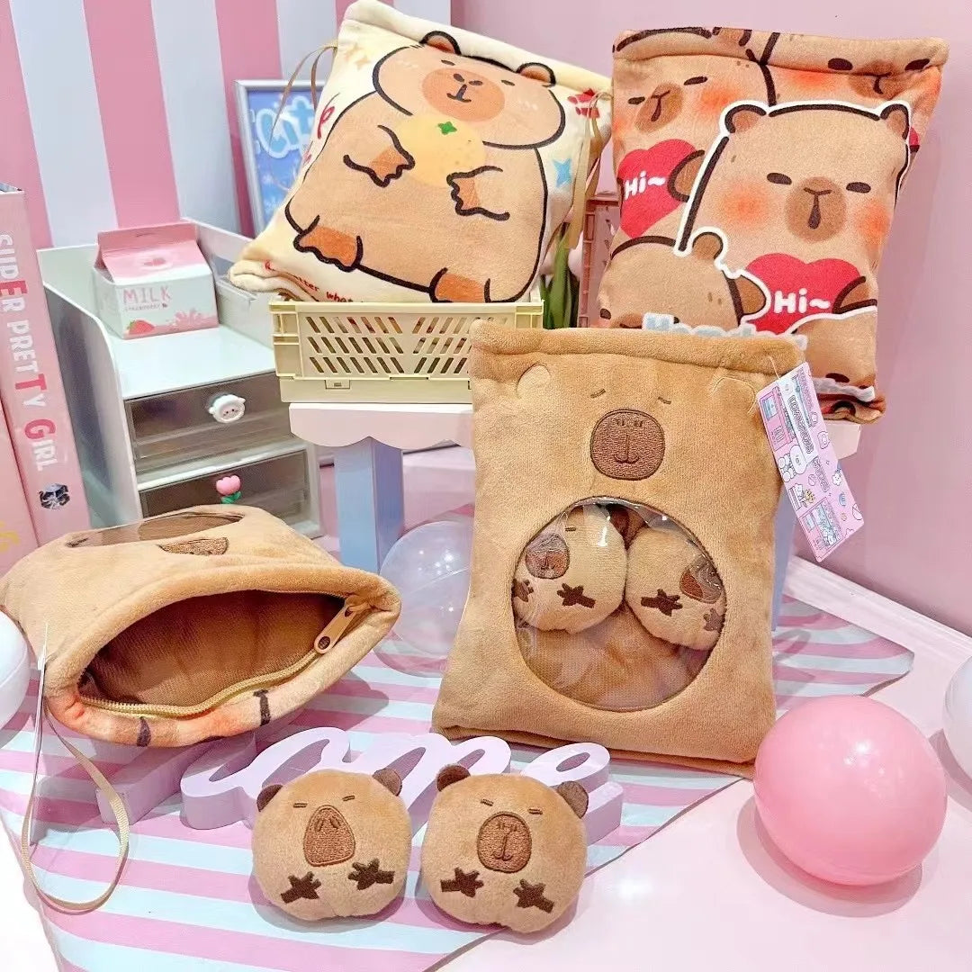 Adorable Kawaii Capybara Plush Snack Bag πΎπ - Cute & Soft Animal Bag with 4 Tiny Capybara Cubs!