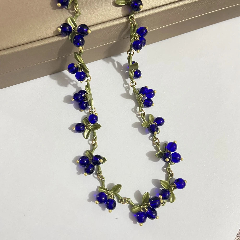 Kawaii Vintage Blue Berry & Cranberry Gemstone Jewelry Set πβ¨ - Adorable Earrings, Bracelet & Necklace for Women! π