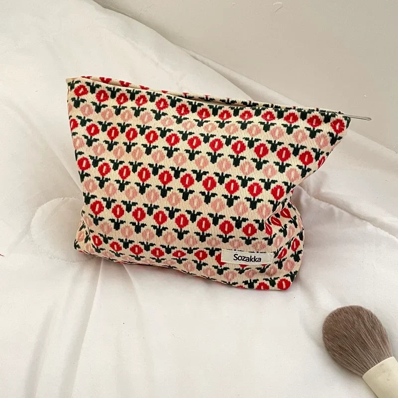 Kawaii Corduroy Flower Makeup Pouch πΈβ¨ | Adorable Travel Cosmetic Bag for Students ππ | Stylish Lipstick & Brush Organizer π