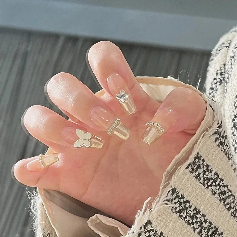 Kawaii 24pcs Pink Butterfly Press-On Nails π¦π | Jelly Gel False Nail Tips for Lovely Girls πΈβ¨ with Easy Application Tools