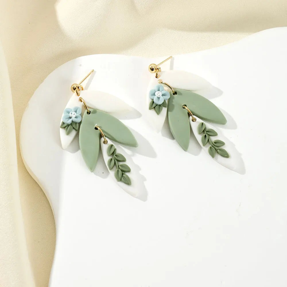 3D Handmade Flower Leaf Polymer Clay Drop Earrings In Green Blue Collision Color For Women Jewelry Gifts πΏππΈ