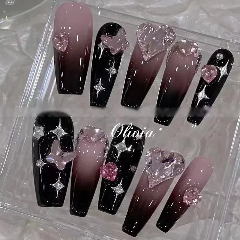 Kawaii Love Bow Rhinestone Press-On Nails 💖✨ | 10Pcs Handmade Coffin Nail Set for Adorable Manicures 💅🌟