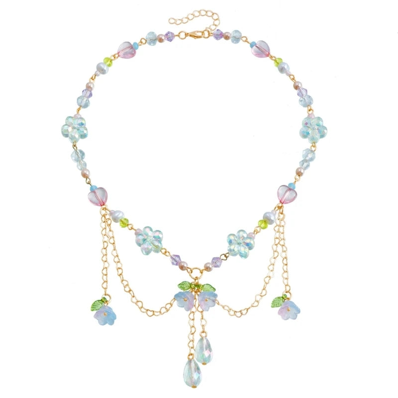 Charming Kawaii Floral Bell Orchid Choker & Earrings Set ๐ธโจ - Enamel & Pearl Jewelry for Women, Perfect Wedding Gift!
