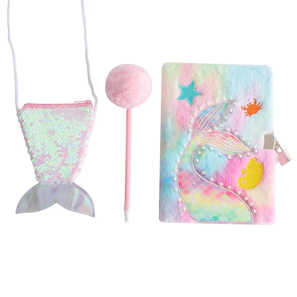 Kawaii Mermaid Plush Stationery Set π§ββοΈβ¨ - Fishtail Notebook, Cute Ballpoint Pen & Crossbody Bag for School & Office Supplies! πππ