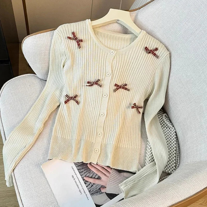 Kawaii Bow-Embellished Cardigan πΈ | Adorable Round Neck Knit Sweater for Women π | Perfect for Spring & Autumn πβ¨