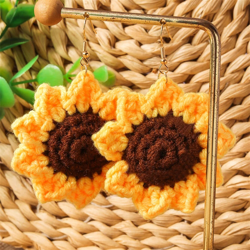 Kawaii Handmade Sunflower Drop Earrings ๐ผโจ | Cute Knitted Dangle Hooks for Party & Holiday Gifts ๐๐