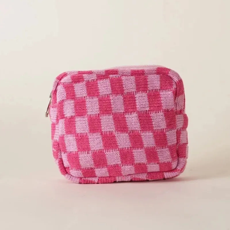 Kawaii Colorful Knitted Checkerboard Mini Makeup Pouch πβ¨ - Portable Cosmetic Bag for Women ππ