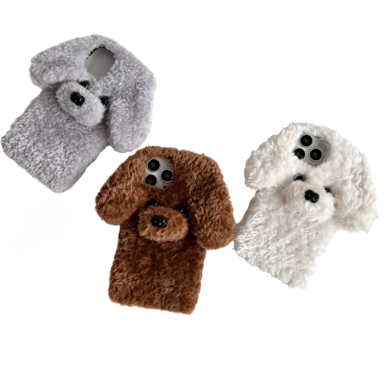 Kawaii 3D Fluffy Teddy Dog Phone Case for iPhone 16/15/14 - Adorable Plush Fur Cover πΆβ¨