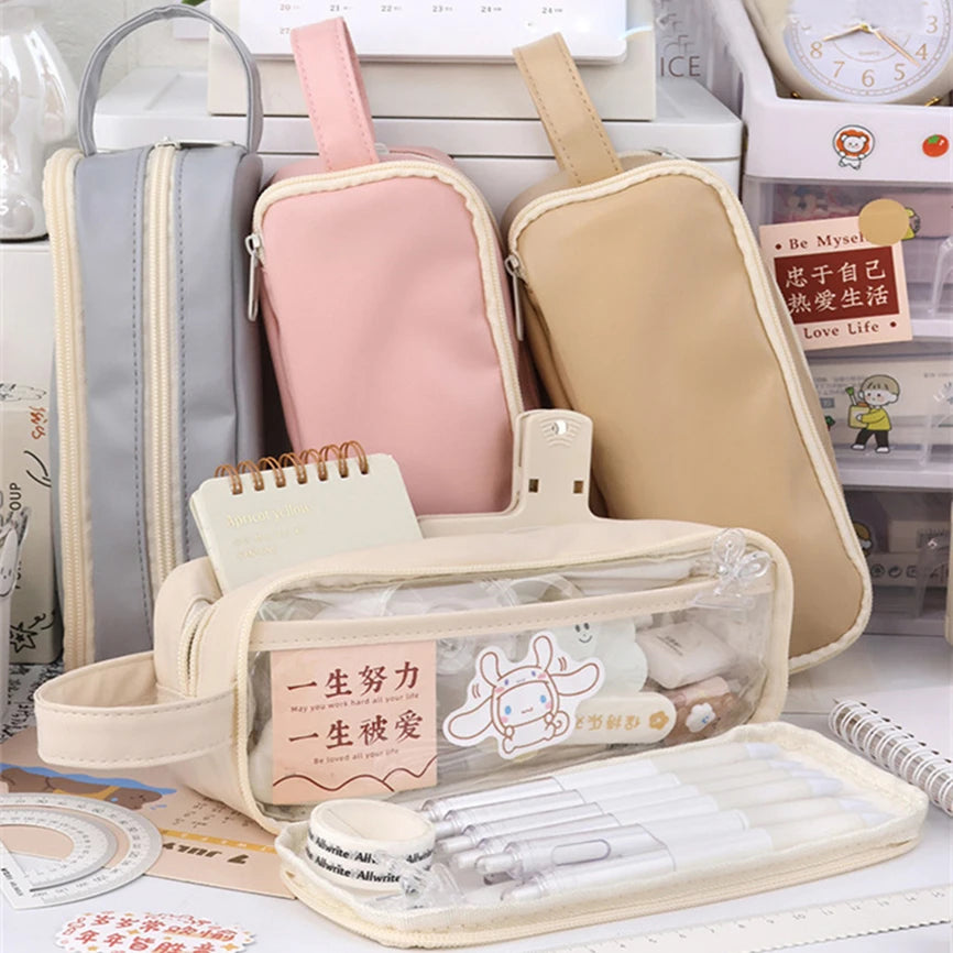 Kawaii Transparent Pencil Case πβ¨ | Multifunctional Storage Bag for Girls π | Large Capacity Double Layer School Supplies π¨βοΈ