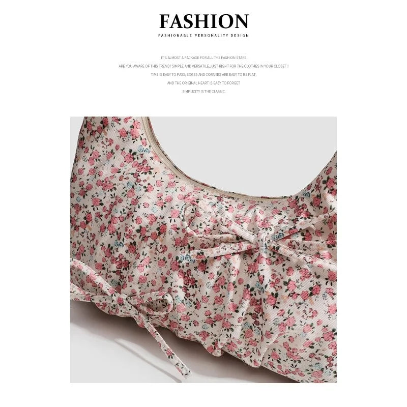 Kawaii Floral Canvas Rouched Handbag with Bow Decoration๐ธโจ