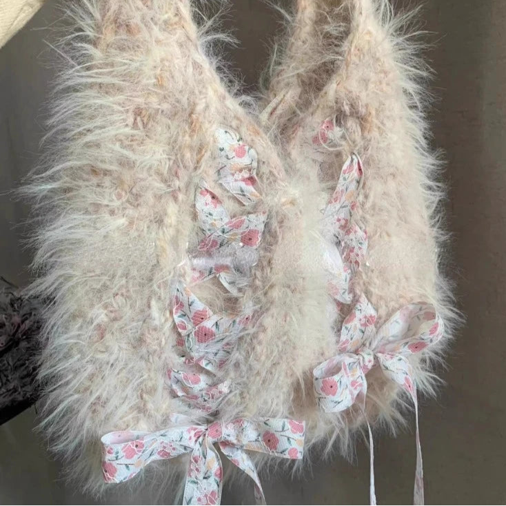 Kawaii Bow & Fluff Faux Fur Shoulder Bag πβ¨ - Y2K Chic Underarm Accessory for Women