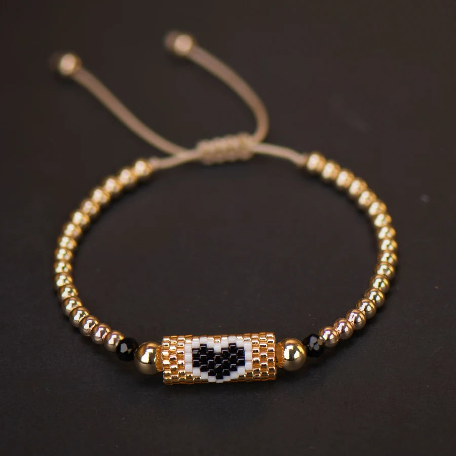 Kawaii Heart Charm Bracelet 💖✨ Handmade Beachy Boho Jewelry with Golden Plated Beads 🌊🌼 Perfect Summer Gift for Her!