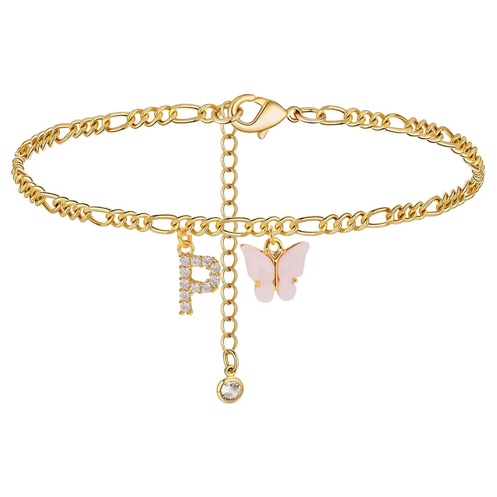 Kawaii Butterfly Initial A-Z Anklets 🌈✨ Waterproof Leg Chains for Trendy Girls | Cute Jewelry Gift for Parties 🦋💖