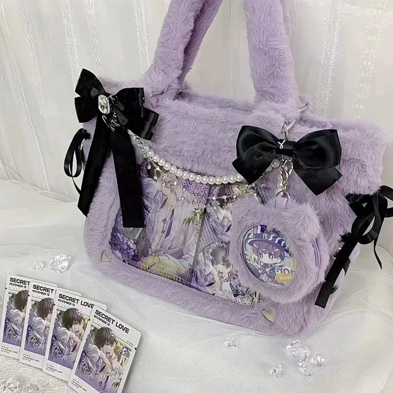 Kawaii Dreams: 3D Bow-Adorned Plush Ita Bag with Transparent Pockets π¦β¨