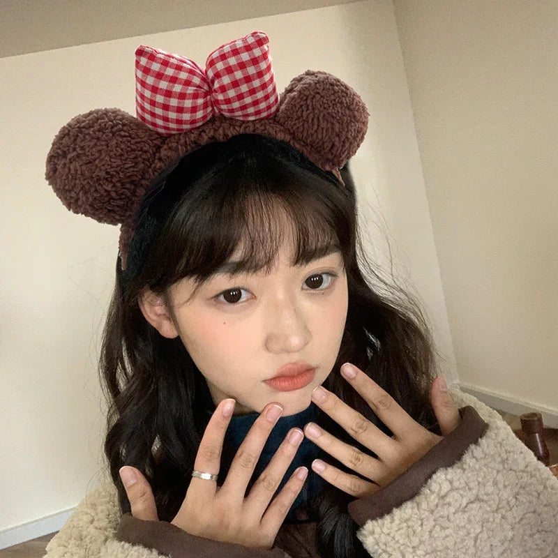 Kawaii Bear Ear Headband π»β¨ | Cute Bowknot Hairband for Winter | Plush Cartoon Face Wash Hair Hoop for Girls π