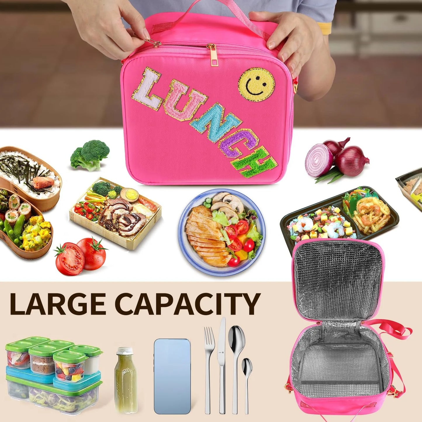 Kawaii Chenille Patch Insulated Lunch Bag πβ¨ | Adjustable Strap Nylon Lunch Box for School & Picnics ππ₯ͺ