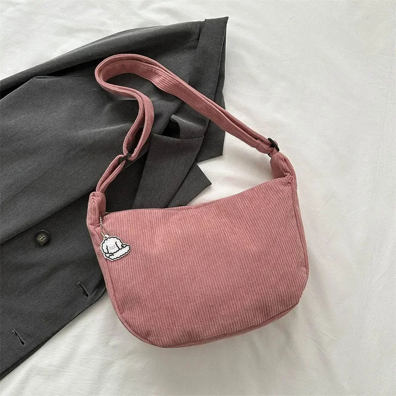 Kawaii Black Corduroy Dumpling Bag πβ¨ - Stylish Canvas Crossbody for Students! - Pixie Quill