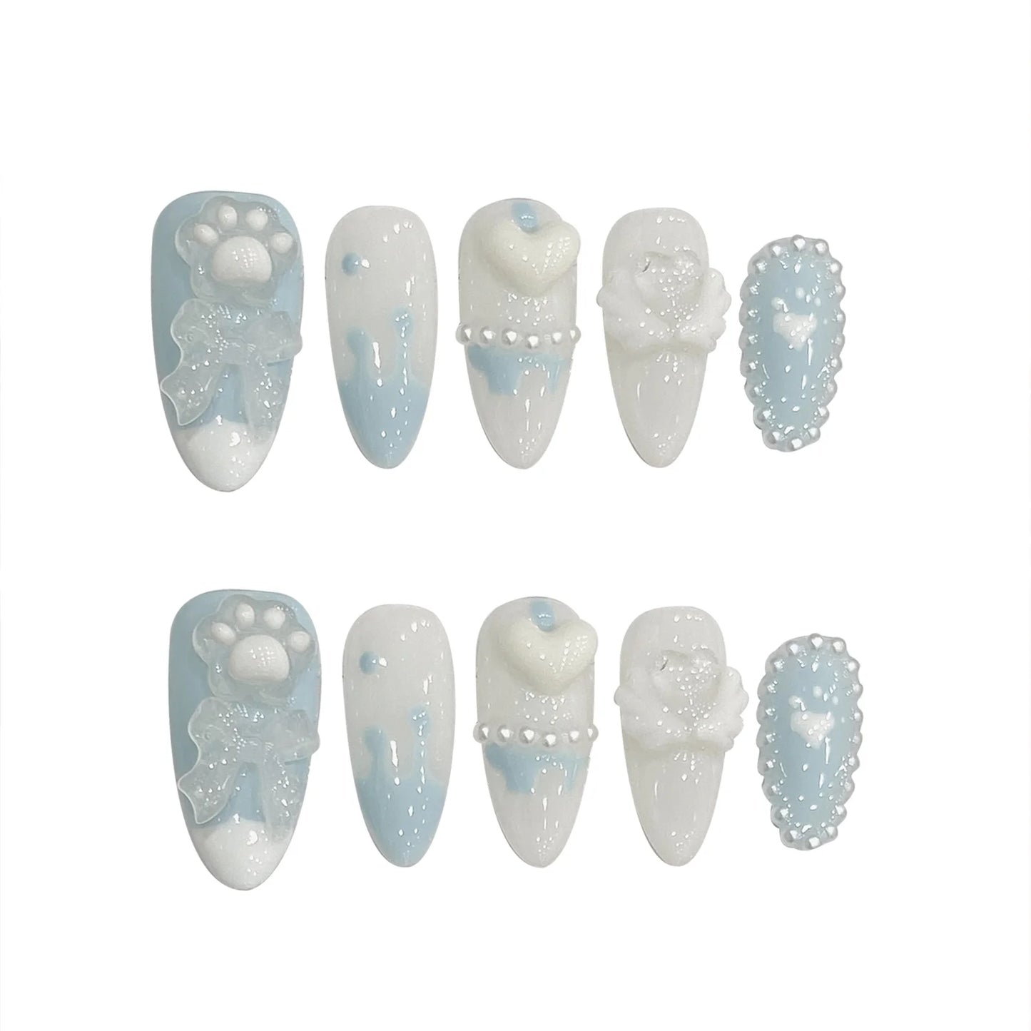 Kawaii Light Blue Bear & Cat Press-On Nails πΎβ¨ | Cute Almond Shaped Fake Nails with French Pearls π | Perfect for Parties & DIY Manicures!