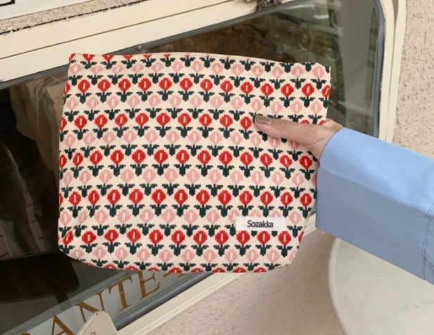 Kawaii Corduroy Floral Makeup Clutch Bag πΈβ¨ | Cute Cosmetic Organizer for Women ππ