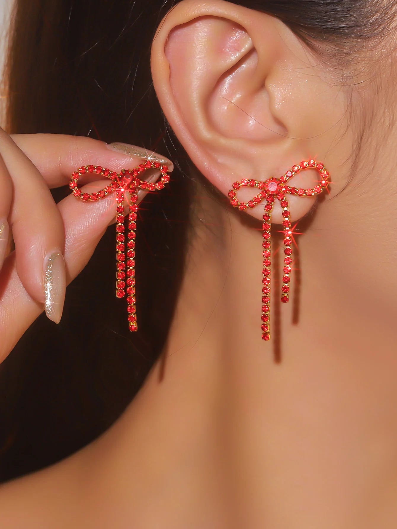 Kawaii Charm β¨ Colorful Rhinestone Bow Dangle Earrings with Long Tassels π Cute Sparkly Jewelry for Women