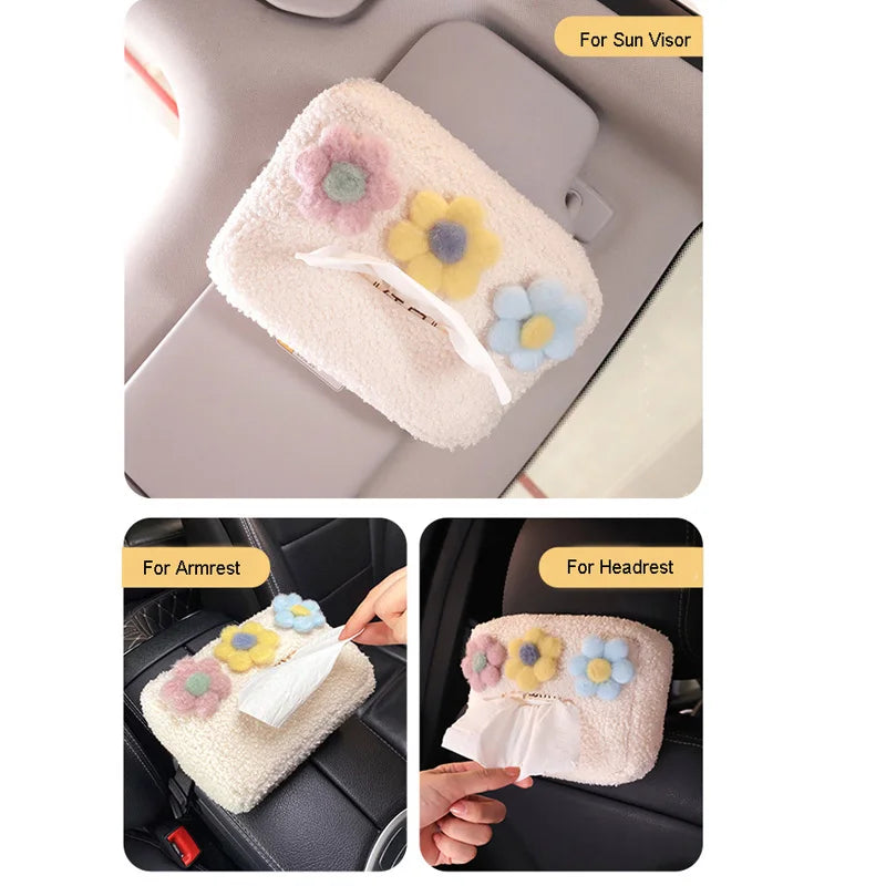 Kawaii Cloud & Flower Plush Tissue Box Holder ๐ธโ๏ธ - Adorable Car Napkin Organizer for Back Seat & Armrest! ๐โจ