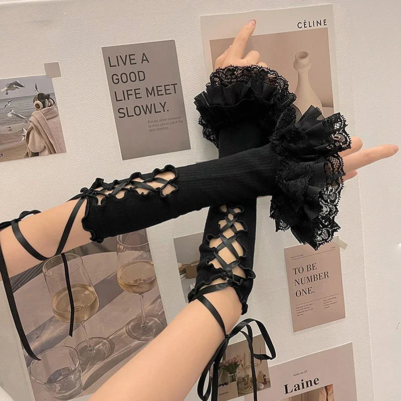 Pastel Y2K Lolita Lace Arm Warmers Fingerless Gloves Elbow Length Style 😊✨