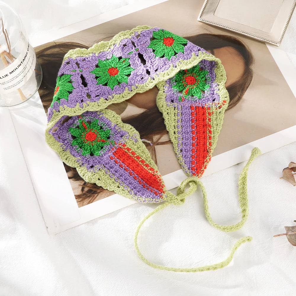 Kawaii Boho Flower Crochet Headband ๐ธโจ Vintage Turban Hair Scarf for Women - Fashionable Accessory for Every Season!