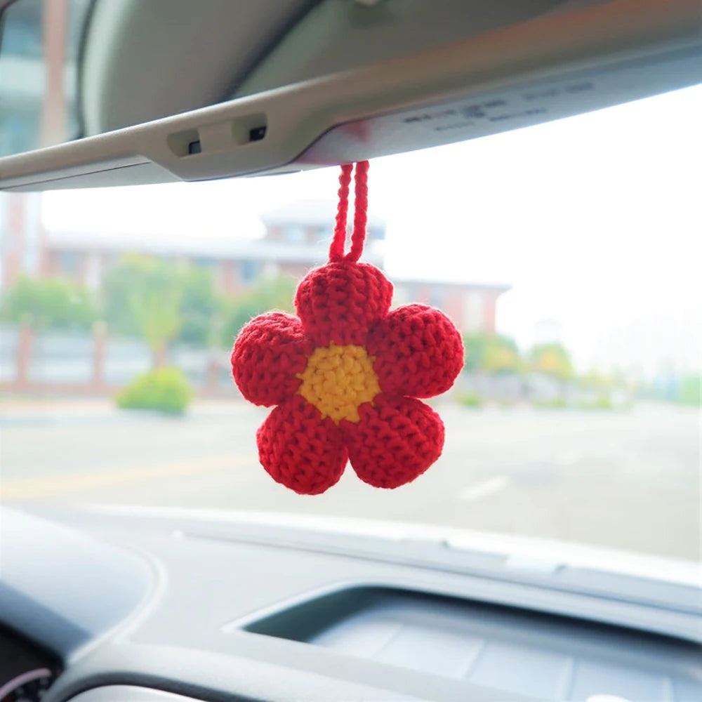 Kawaii Crochet Flower Car Mirror Charm πΈβ¨ | Adorable Waffle Flower Hanging Accessory for Good Vibes! ππ
