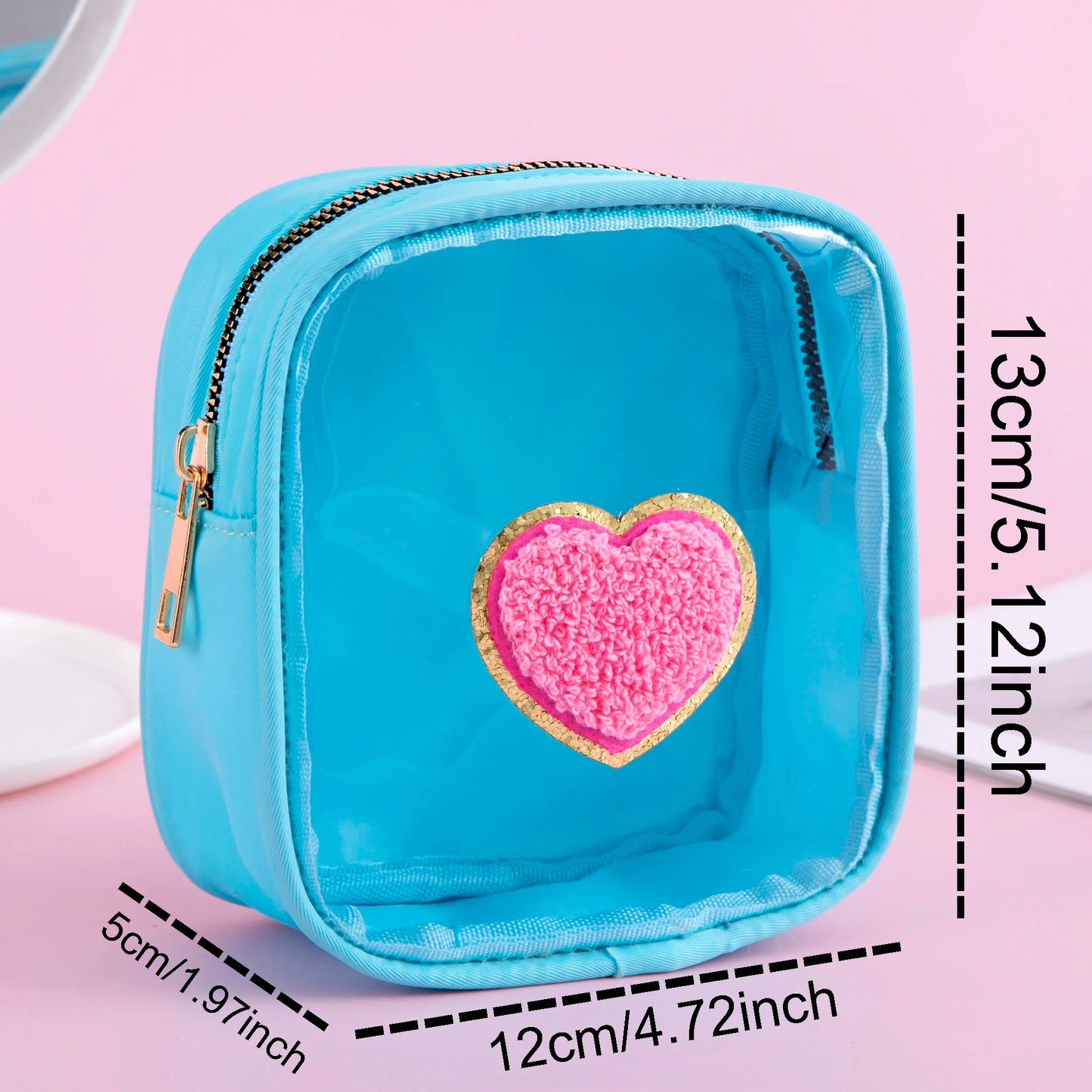 Kawaii Mini Waterproof Lipstick Pouch β¨π Chenille Heart & Rainbow Plane Patches | Clear PVC Travel Makeup Bag πβοΈ Zippered Cosmetic Case