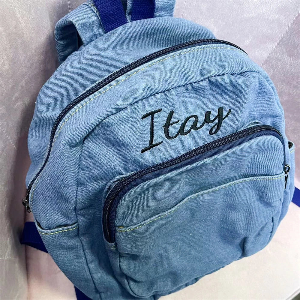 Kawaii Custom Mini Denim Backpack πβ¨ | Personalized Embroidery Name π | Stylish Gift for Trendy Young Ladies ππ