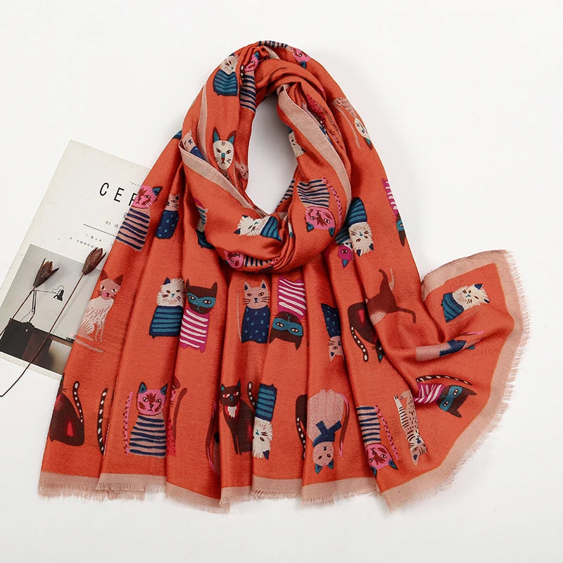Playful Cat Print Fringed Scarf Women Cotton Viscose 180x85 Cm πβ¨