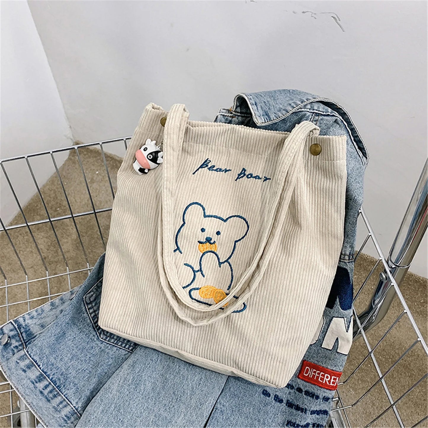 Kawaii Bear Corduroy Tote Bag - Whimsical and Foldable Shopping Companion! ๐ปโจ