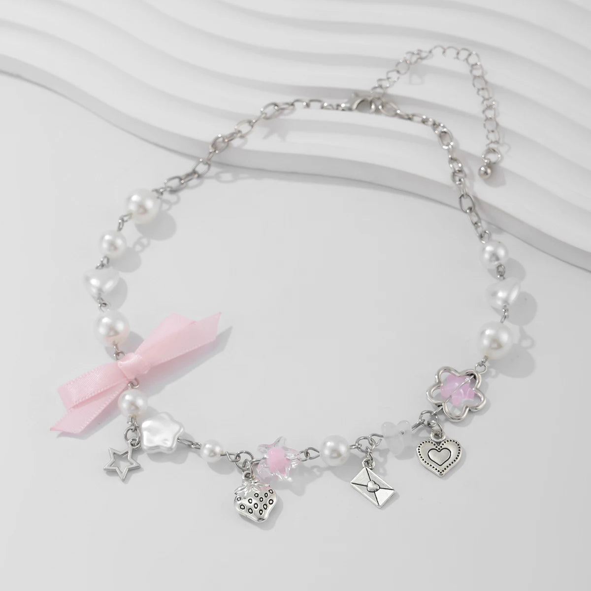 Kawaii Pink Bow Heart Choker Necklace ππ - Trendy Strawberry Pendant for Women πβ¨