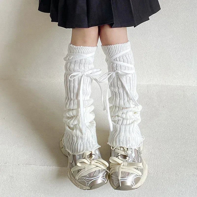 Kawaii Knitted Leg Warmers for Girls ๐ธโจ Cute Lace Bowknot Design for Autumn Delight! ๐งฆ๐