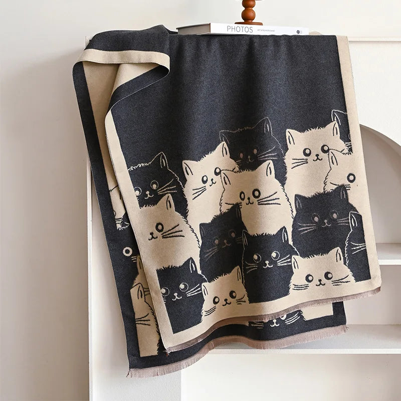 Cat Print Jacquard Scarf For Women Warm Winter Shawl 175cm Long 🐾