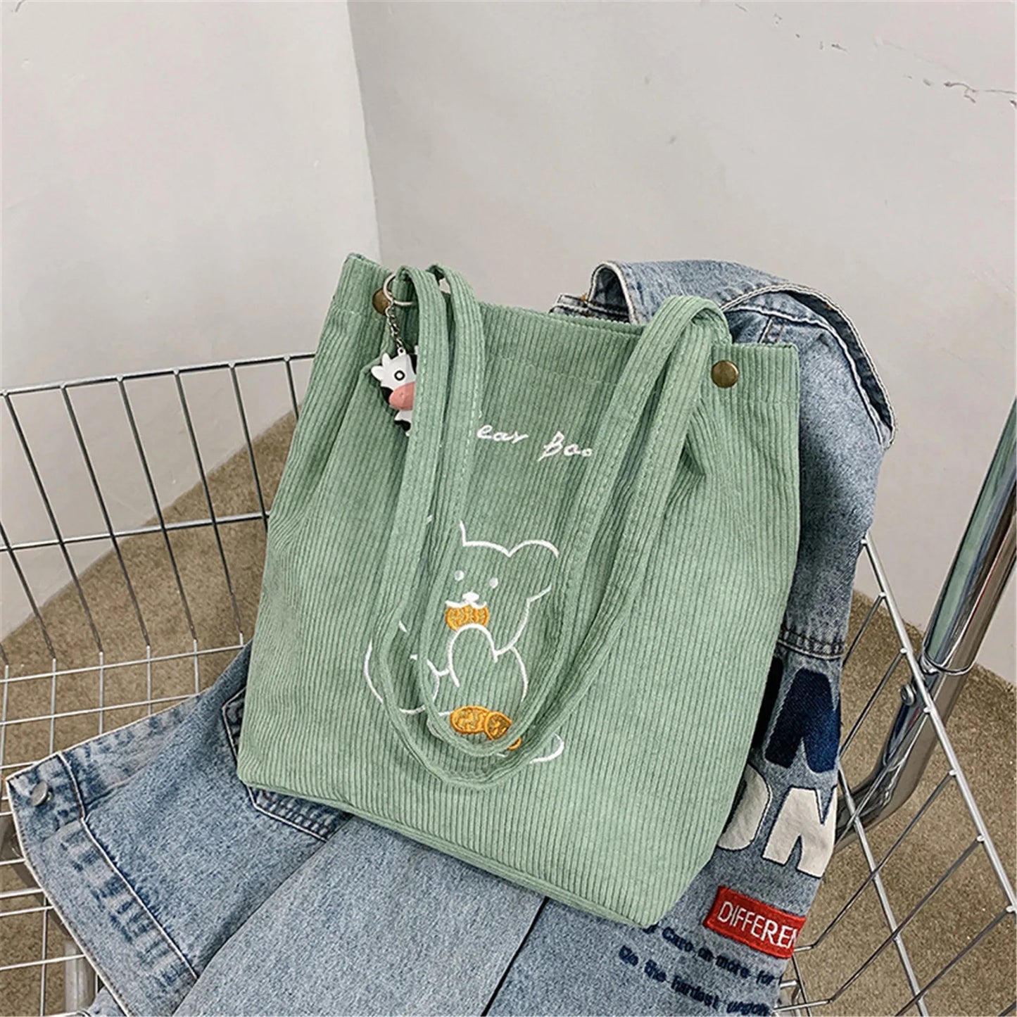 Kawaii Bear Corduroy Tote Bag - Whimsical and Foldable Shopping Companion! ๐ปโจ