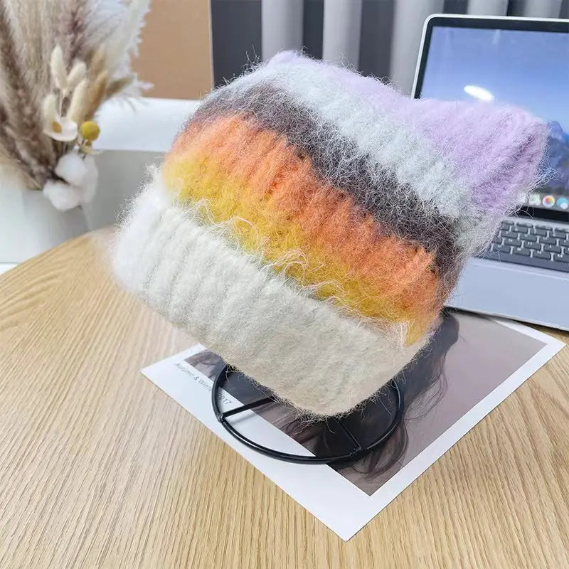 Kawaii Cat Ear Winter Beanie ๐พโจ Cozy Rainbow Knit for Women