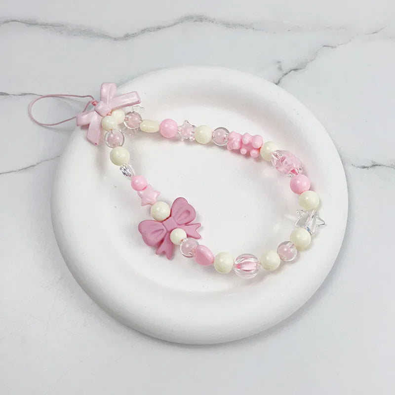 Kawaii Pink Bear & Bow Lanyard 🌸✨ Cute Pearl Phone Charm Strap for Girls❤️🦄