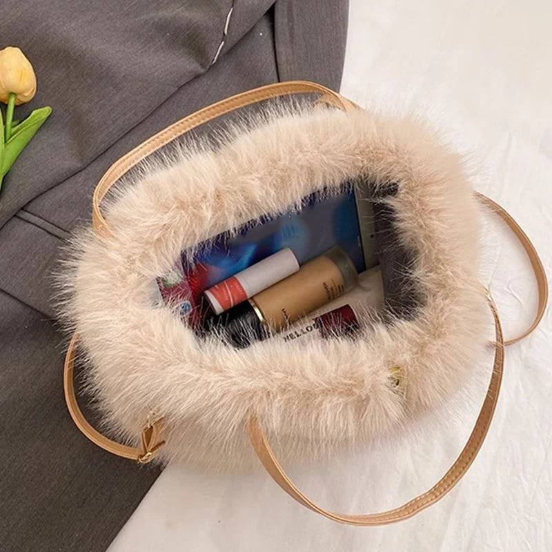 Kawaii Plush Faux Fur Bucket Tote πΎβ¨ | Soft Winter Women's Handbag ππΈ | Adorable Crossbody Shoulder Bag for Cozy Style!