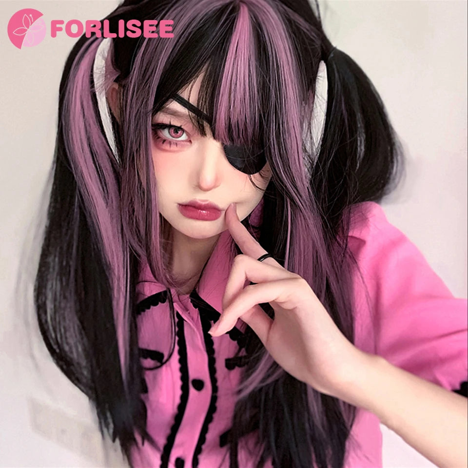Kawaii Magic! πΈβ¨ FORLISEE Black & Pink Long Straight Wig with Bangs - Perfect for Cosplay & Sweet Lolita Looks! ππ