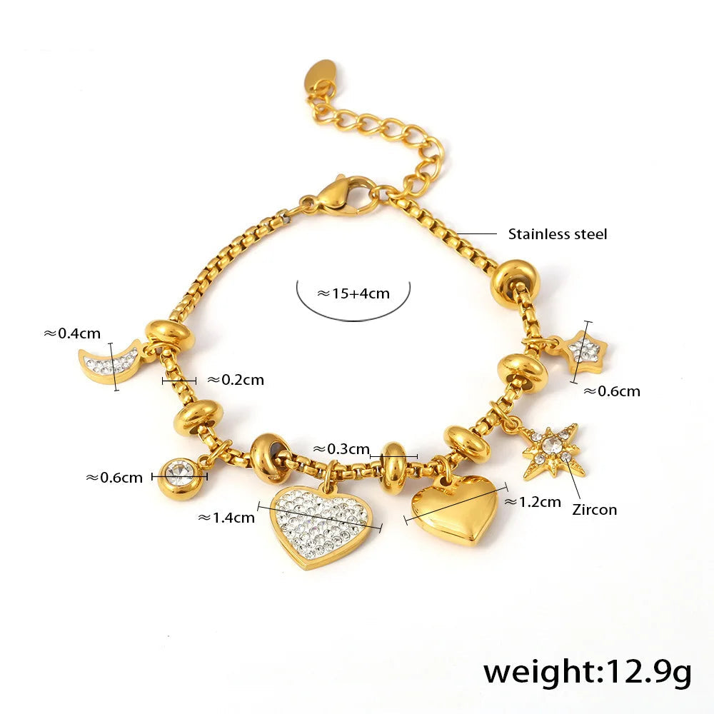 Kawaii 316L Stainless Steel Heart Charm Bracelet πβ¨ - 18k Gold-Plated with Sparkling Zircon Pendants! ππ