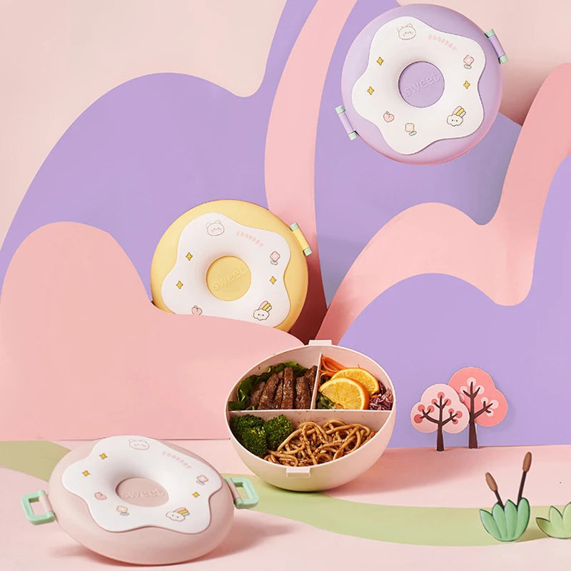 Kawaii Donut Cartoon Lunch Box π©β¨ - Leakproof Bento Box for Kids | 3-Compartment Snack Container with Fork & Spoon π₯π₯ | Perfect for School & Picnics!