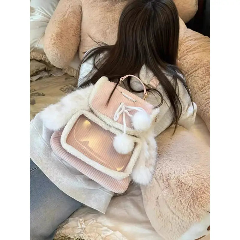 Kawaii Pink Bunny Ear Backpack π°β¨ Cute Corduroy Ita Bag for Women β Adorable Plush Aesthetic! πΈπ