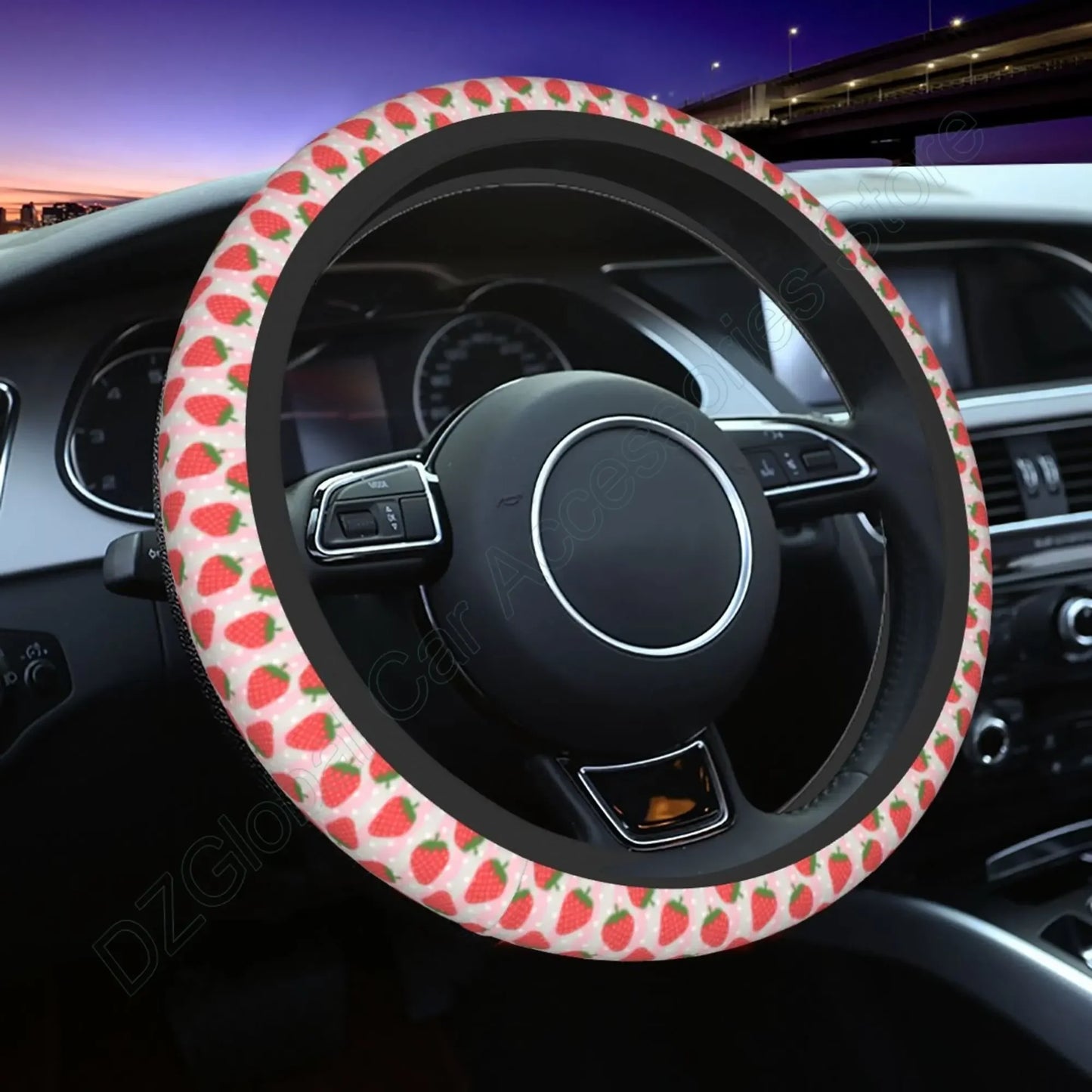 Kawaii Strawberry Flowers Steering Wheel Cover πΈπ | Anti-Slip Elastic Car Accessory π | Universal Fit 15" Protector π‘οΈ