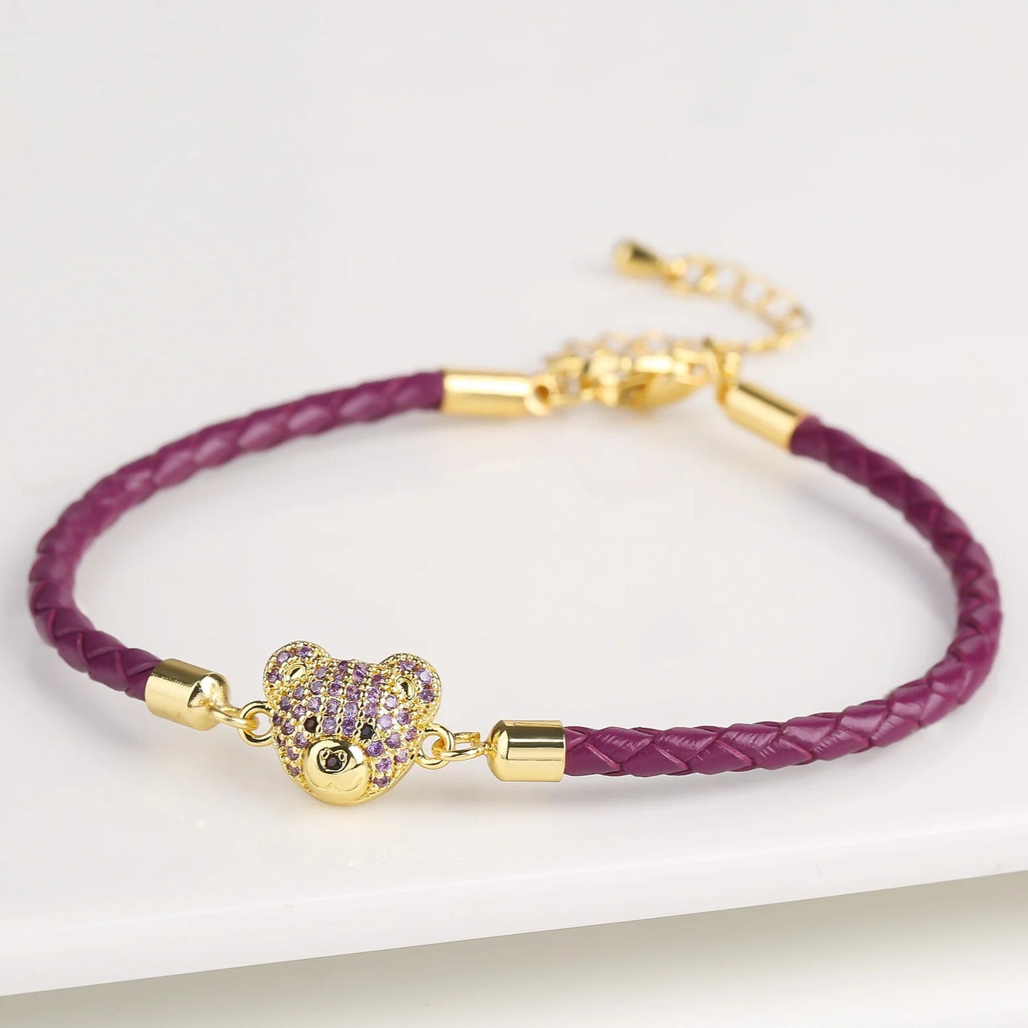 π»β¨ Adorable Bear Zirconia Charm Bracelet - 6 Color Adjustable Leather Rope for Everyone! ππ