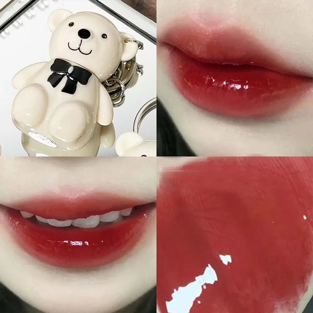 Water Light Mirror Lip Glaze Waterproof Long Lasting Cute Bear Keychain Lip Gloss Silky Smooth Liquid Lipstick Women Lip Makeup